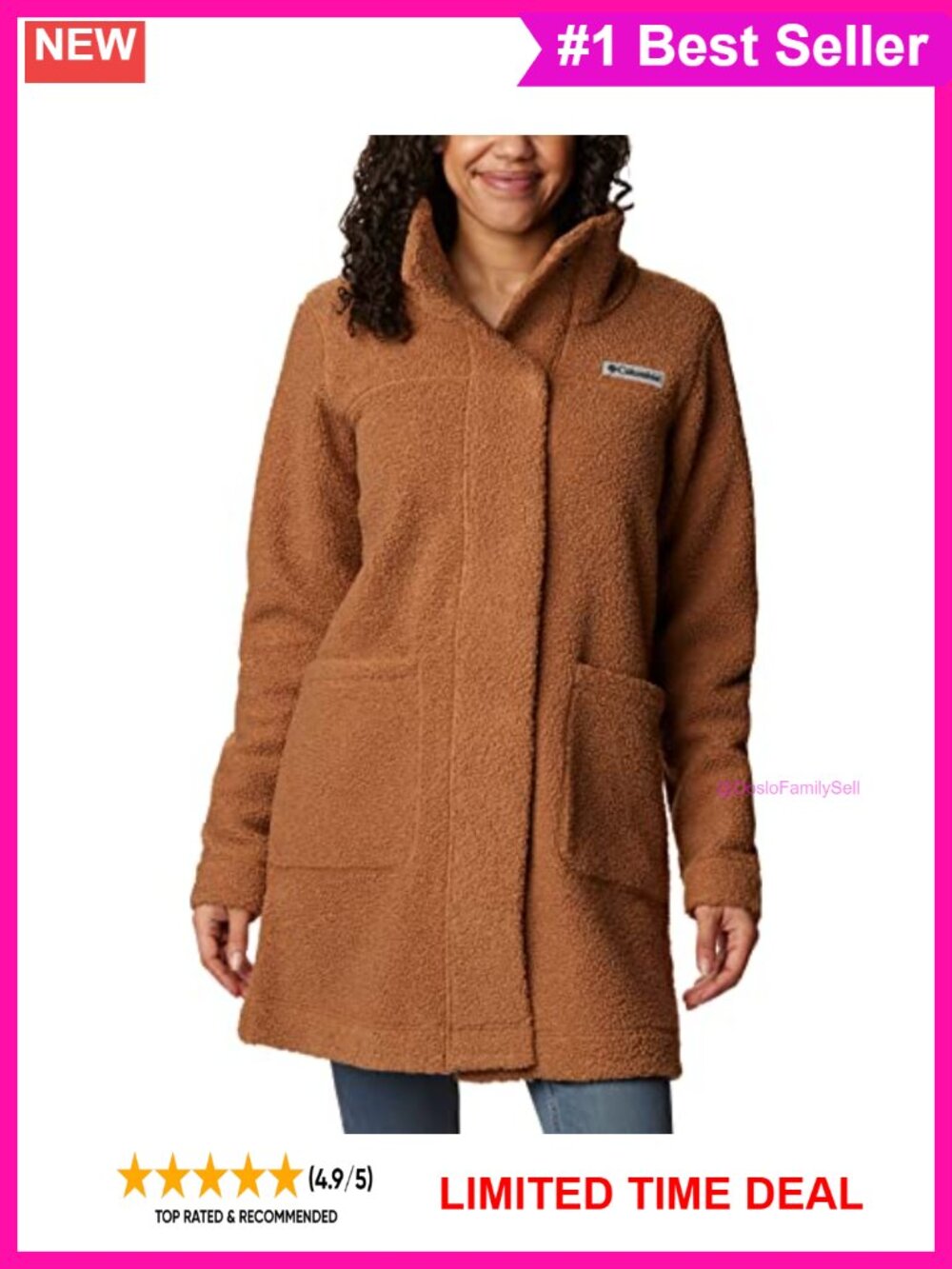 Sherpa Fleece Long Jacket Snap Placket Hand Pockets Winter Coat